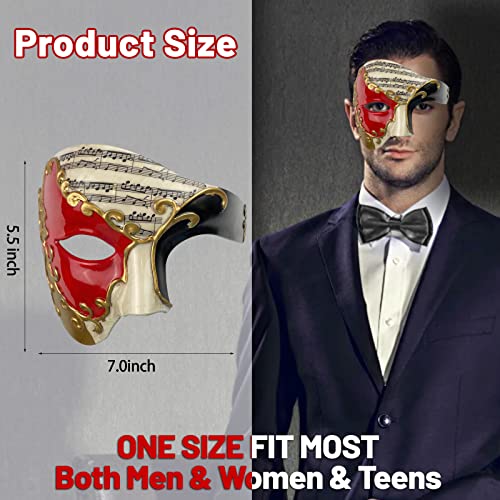 HyperFun Mens Masquerade Mask Phantom of The Opera Half Face Mask with Bowtie, Vintage Venetian Masks for Halloween Costume Party (Red Note) - Image 2