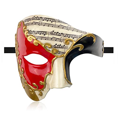 HyperFun Mens Masquerade Mask Phantom of The Opera Half Face Mask with Bowtie, Vintage Venetian Masks for Halloween Costume Party (Red Note) - Image 1