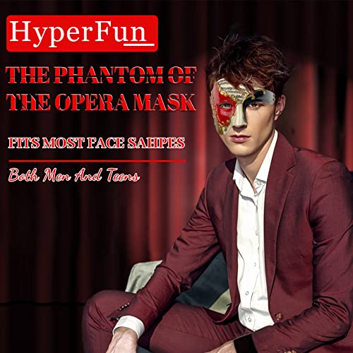 HyperFun Mens Masquerade Mask Phantom of The Opera Half Face Mask with Bowtie, Vintage Venetian Masks for Halloween Costume Party (Red Note) - Image 4