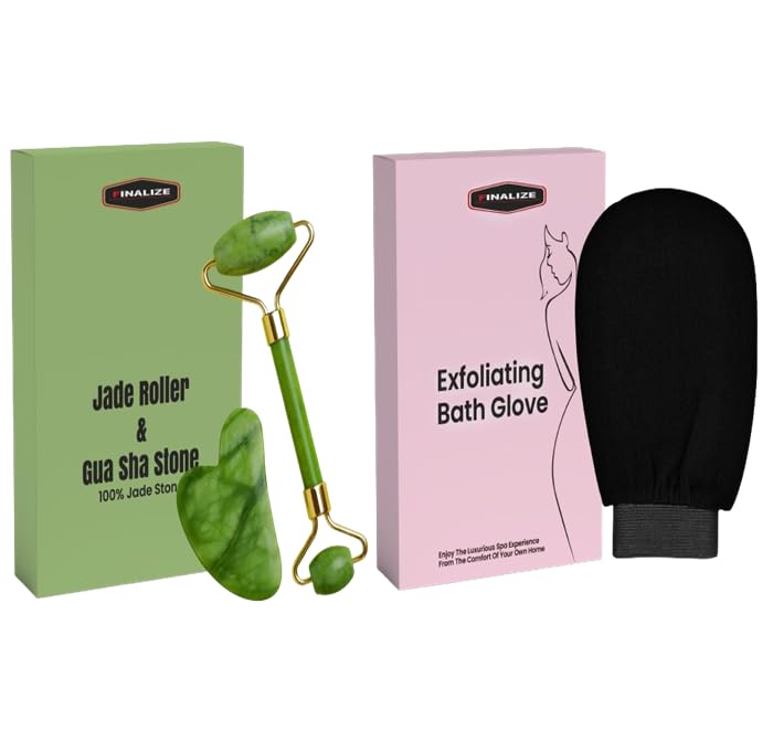 Finalize Exfoliating Gloves for Body Cleansing and Scrubbing, Bath Gloves Tan Removal-made of Natural Fibre, Gentle on the Skin, Sustainable, With 100% Natural Stone Jade Roller & Gau Sha Stone-Multi - Image 1