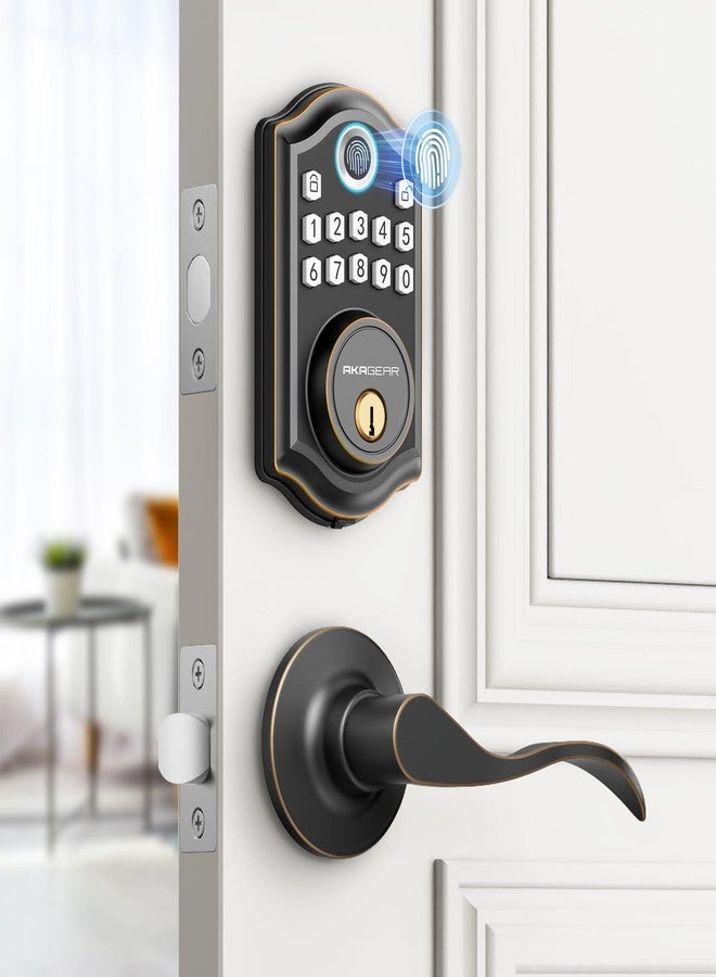AkaGear Keyless Entry Door Lock with Handle - 2 Lever Handles, Fingerprint Door Locks, Electronic Keypad Deadbolt, 2 Keys, Smart Doors Lock, Auto-Lock & One Touch Locking, Easy Installation - Image 1