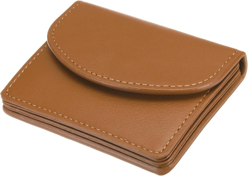 كاست ويف حافظة بطاقات عمل من جلد البولي يوريثان، محفظة حاملة لبطاقات العمل مع جيب مغناطيسي مغلق للنساء، حامل بطاقة ائتمان، بني - Image 1