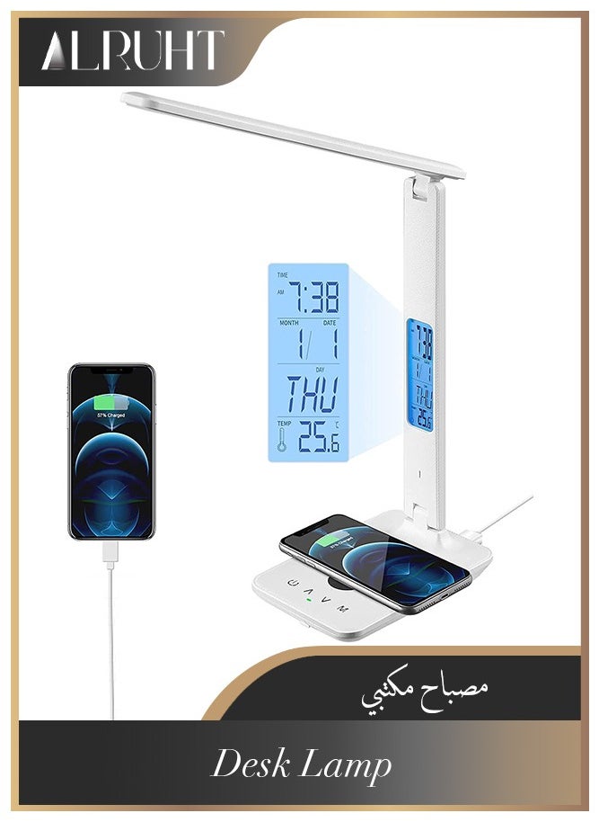 Alruht Desk Lamp, LED Desk Lamp with Wireless Charger, USB Charging Port, Table Lamp with Clock, Alarm, Date, Temperature, Office Lamp, Desk Lamps for Home Office  - Image 1
