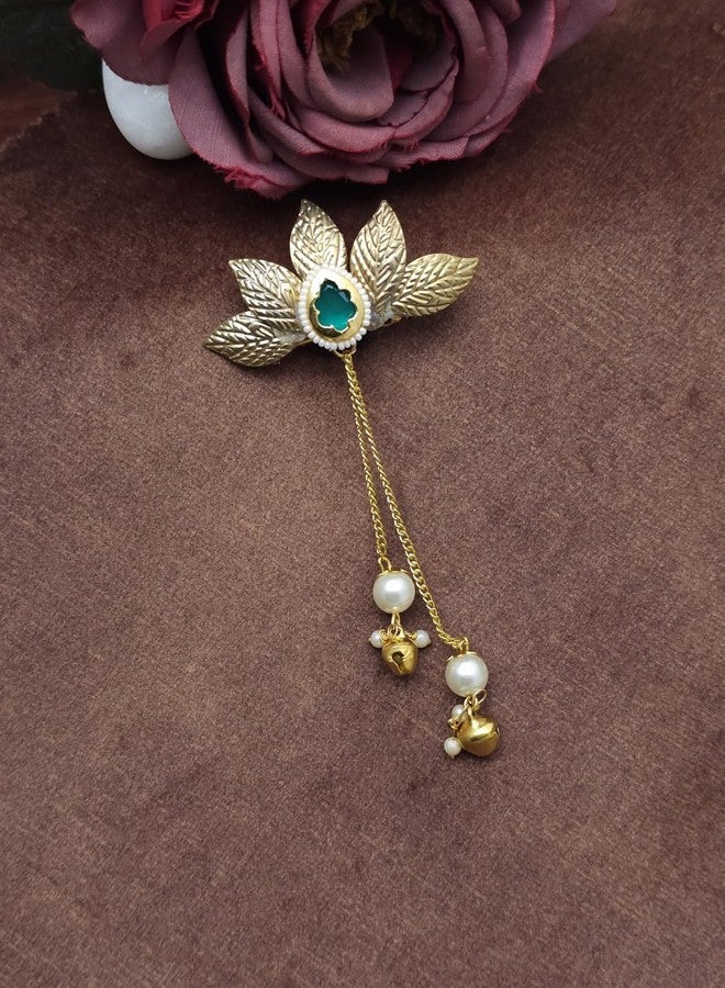 Twinsho Traditional Kundan Hair Jewellery | Wedding Hair Jewellery for Women and Girls | Bridal Hair Accessories | Traditional Hair Pin (Green-Golden) - Image 1
