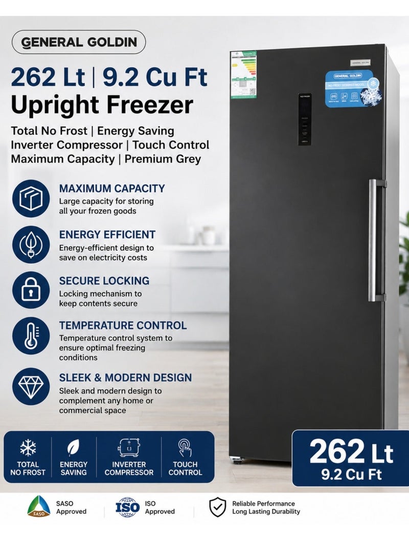 General Goldin 262 Lt 9.2 Cu Ft Upright Freezer, Total No Frost Energy Saving Invertor Compressor, Touch Control, Maximum Capacity, Premium Grey - Image 2