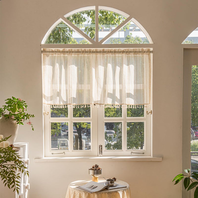 Deeprove Boho Textured Valance, Neutral Bohemian Farmhouse Chic Kitchen Closet Textured Burlap with Tassels, Bathroom Window Treatment Small Linen Stripe Curtain Wall Decor, 1 Panel 59" W x 18" L - Image 1