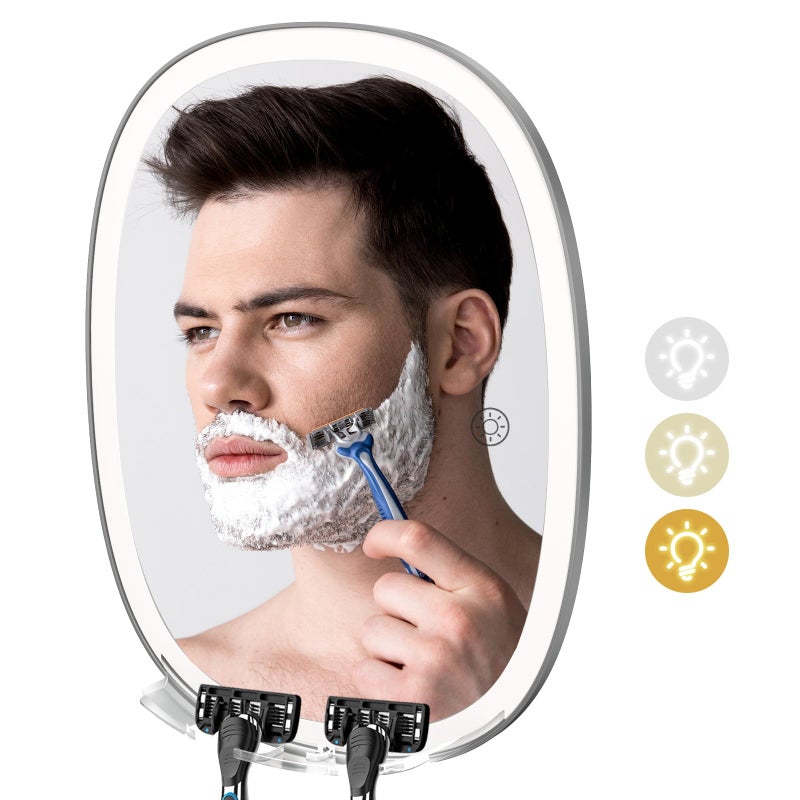 COSMIRROR Lighted Shower Mirror Fogless for Shaving with Light 3Color Dimmable Lights 360 Rotation Two Razor Holders NoDrilling WallMounted AntiFog Bathroom Shower Mirror Grey