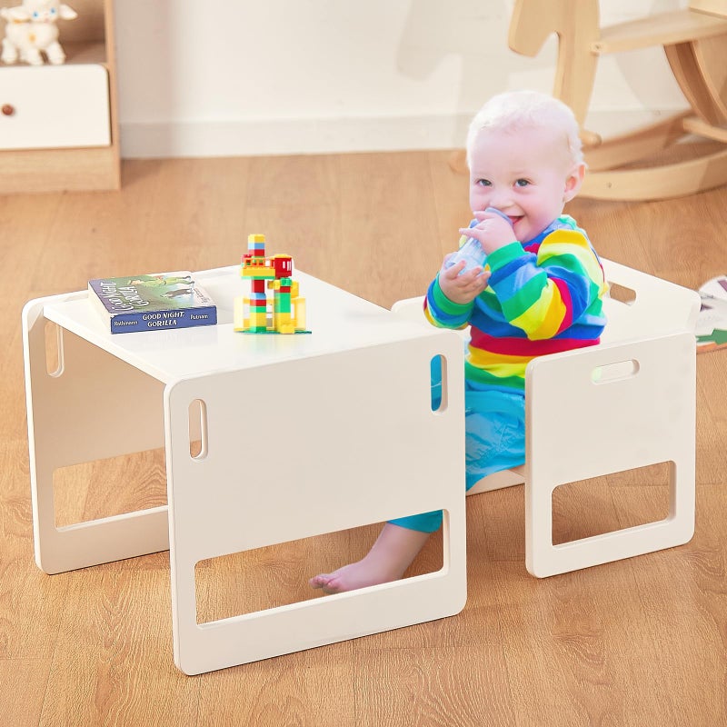 FUNLIO Montessori Weaning Table and Chair Set for Toddlers Age 13 Height Adjustable Toddler Table and Chair Set Cube Kids Table Chair for ReadingEatingPlaying Easy to Assemble  White