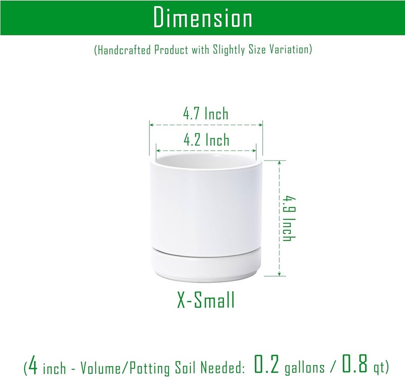 D'vine Dev 4.7 Inch Ceramic Planter Pot with Drainage Hole and Saucer, Indoor Cylinder Round Planter Pot, White, 94-O-B-1 - Image 3