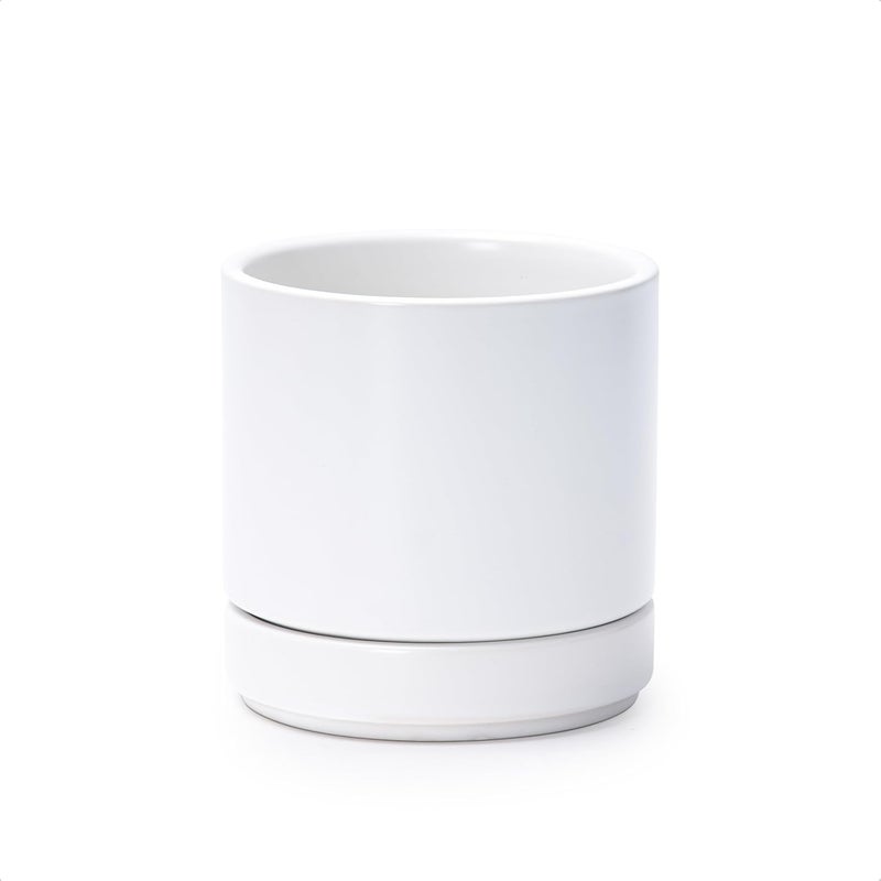D'vine Dev 4.7 Inch Ceramic Planter Pot with Drainage Hole and Saucer, Indoor Cylinder Round Planter Pot, White, 94-O-B-1 - Image 1