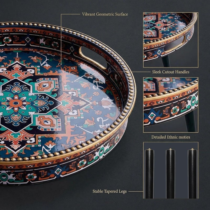 Simmer Stone Round Indoor Side Tables with Detachable Wooden 3 Legs, Versatile Tray Table, Perfect For Round Coffee Table Tea, and Relaxation Time 17.7 Inch (Dot Polka ethnic) - Image 4