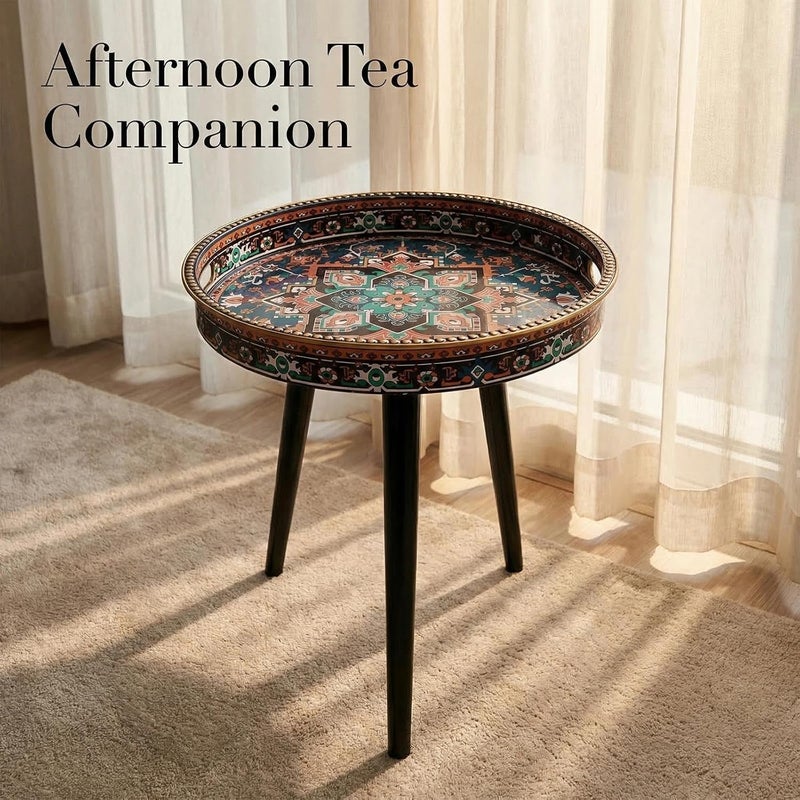 Simmer Stone Round Indoor Side Tables with Detachable Wooden 3 Legs, Versatile Tray Table, Perfect For Round Coffee Table Tea, and Relaxation Time 17.7 Inch (Dot Polka ethnic) - Image 5