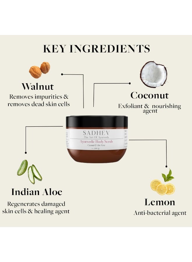Sadhev Natural and Ayurvedic Coconut and Aloe Vera Body Scrub For Cleaning Dirt, Dead, and Damaged Skin Cells, Improve Skin Tone 200gm - Image 2