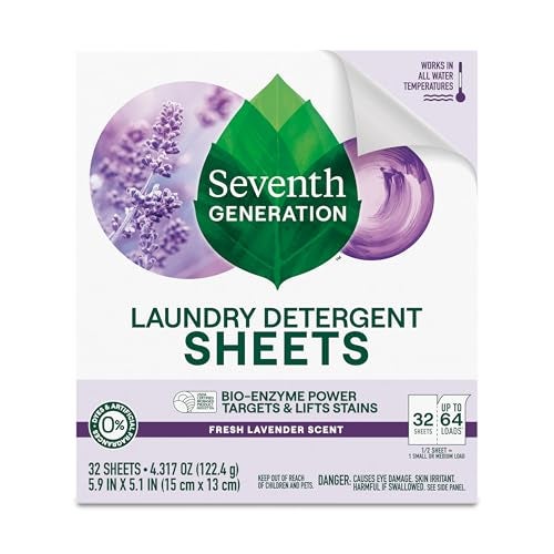 Seventh Generation أوراق منظف الغسيل من الجيل السابع، تصل إلى 64 غسلة، رائحة اللافندر المنعشة، تزيل البقع الصعبة، 0% ألوان وعطور صناعية، أكثر أمانًا لعائلتك - Image 2