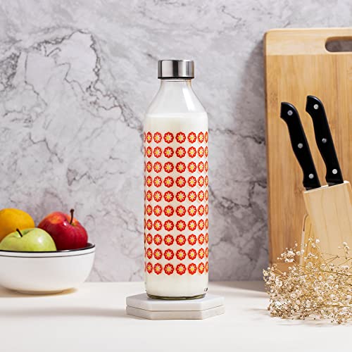 SAND DUNE Set of 6, 800 ml Each Blooming Flowers Printed Glass water bottle, with Leak-Proof Airtight Stainless-Steel Lid for Water, Smoothie, Juices - Reusable Travel Glass Drinking Fridge Bottles - Image 5