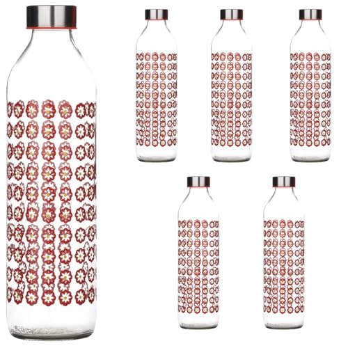 SAND DUNE Set of 6, 800 ml Each Blooming Flowers Printed Glass water bottle, with Leak-Proof Airtight Stainless-Steel Lid for Water, Smoothie, Juices - Reusable Travel Glass Drinking Fridge Bottles - Image 1