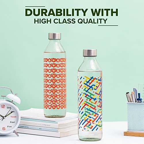 SAND DUNE Set of 6, 800 ml Each Blooming Flowers Printed Glass water bottle, with Leak-Proof Airtight Stainless-Steel Lid for Water, Smoothie, Juices - Reusable Travel Glass Drinking Fridge Bottles - Image 2