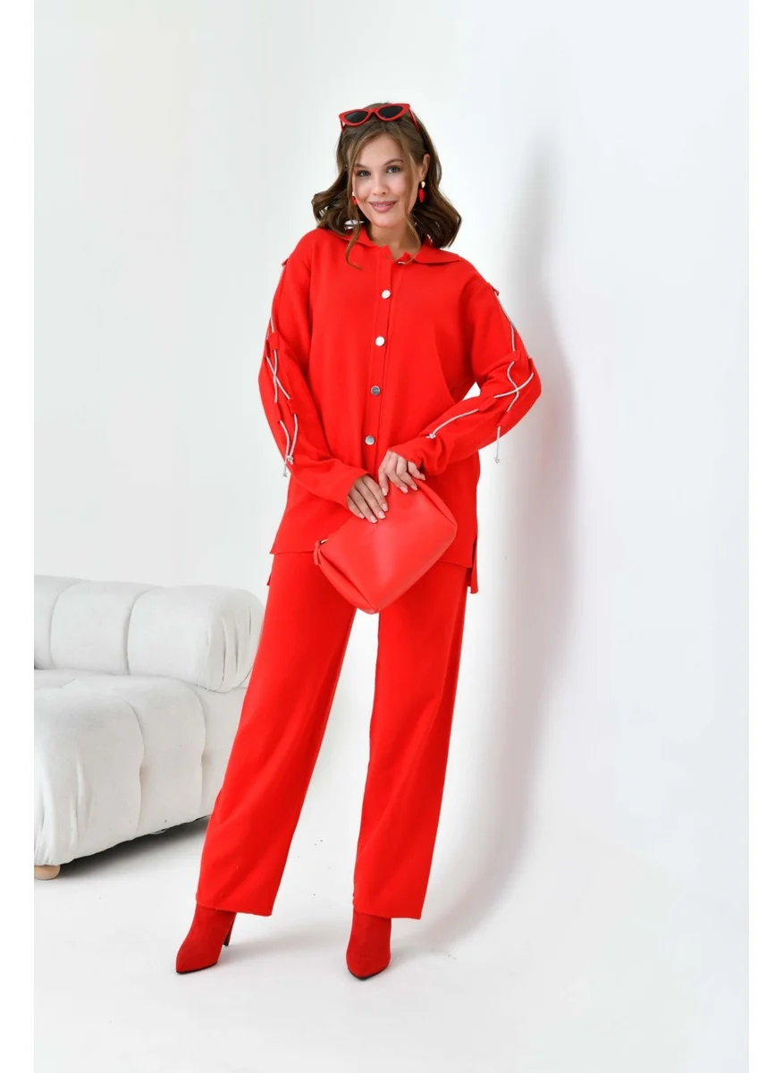 جارمي Women's Sleeve Detailed Two Piece Set Red