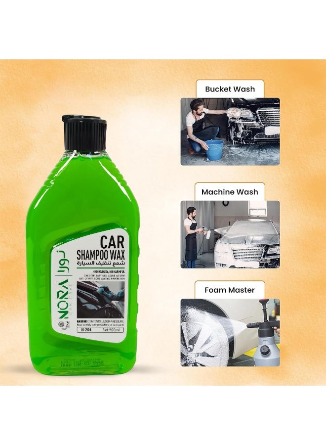 NORA Car Shampoo Wax 500ml – Dual Action Formula, High Gloss Shine, pH Balanced, Colour Safe, Thick Foaming, Gentle on All Car Surfaces, Suitable for Bucket, Machine & Foam Wash N-204 - Image 3