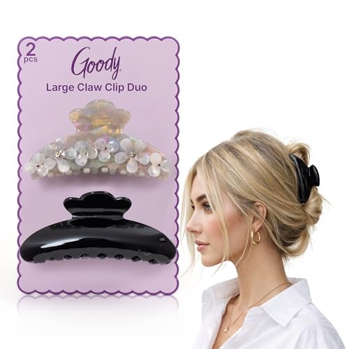 Goody SlideProof Large Claw Clips Stylish Secure Grip Hair Clips Styling Accessories for All Occasions and All Hair Types Gifts for Women Girls Gray Flowers and Black 2 Ct - Image 1