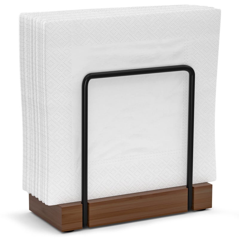 Wican Napkin Holder for Table, Bamboo Iron Standing Napkin Dispenser for Dining Table Farmhouse Cocktail Picnic Rustic Wood Holders All Kitchen Dining Room Decor Black & Brown - Image 1