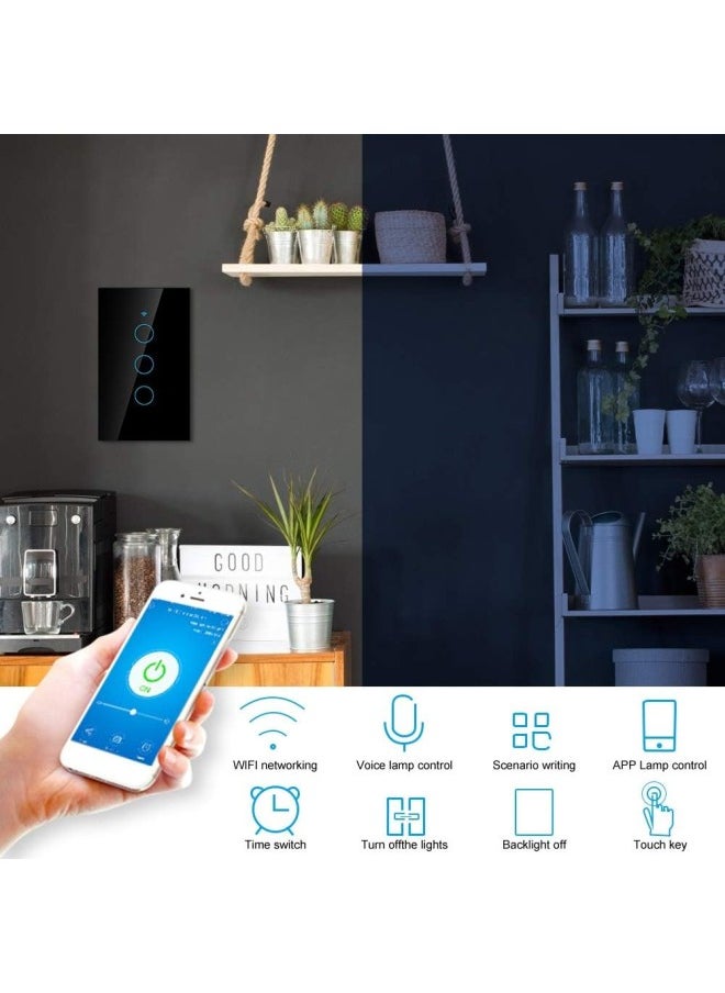 klarako - WiFi Touch Screen Switch, Remote Switch with Highly Sensitive Touch Keys, Suitable for Alexa Google, SIRI Voice Control, 3 Way AC(Black) - Image 1