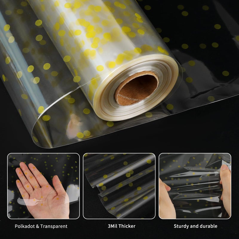 Motroce Clear Cellophane Wrap Roll, 100 Ft x 34 In Gold Dot Florist Paper Wrapper, Transparent 3Mil Thicker Cellophane Roll, Gift Baskets Wrap Cellophane Film for Gifts, Flowers, Christmas Wrapping - Image 3