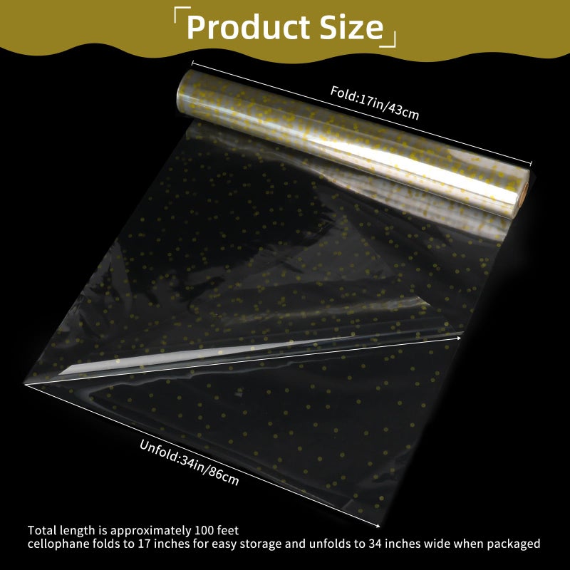 Motroce Clear Cellophane Wrap Roll, 100 Ft x 34 In Gold Dot Florist Paper Wrapper, Transparent 3Mil Thicker Cellophane Roll, Gift Baskets Wrap Cellophane Film for Gifts, Flowers, Christmas Wrapping - Image 2