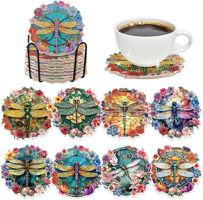 INCOK Dragonfly Diamond Art Painting Coasters - 8 PCS DIY Colorful Flower Glass Diamond Art Kits Special Shaped Non Slip Drink Coaster with Holder Art Craft Supplies Birthday for Beginner Adult - Image 1