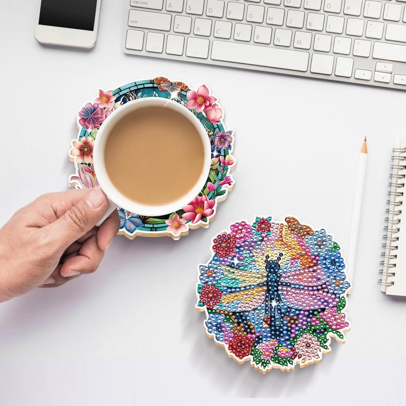 INCOK Dragonfly Diamond Art Painting Coasters - 8 PCS DIY Colorful Flower Glass Diamond Art Kits Special Shaped Non Slip Drink Coaster with Holder Art Craft Supplies Birthday for Beginner Adult - Image 5