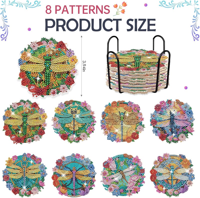 INCOK Dragonfly Diamond Art Painting Coasters - 8 PCS DIY Colorful Flower Glass Diamond Art Kits Special Shaped Non Slip Drink Coaster with Holder Art Craft Supplies Birthday for Beginner Adult - Image 2