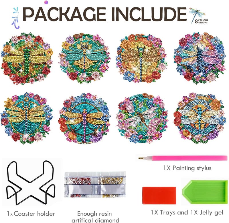 INCOK Dragonfly Diamond Art Painting Coasters - 8 PCS DIY Colorful Flower Glass Diamond Art Kits Special Shaped Non Slip Drink Coaster with Holder Art Craft Supplies Birthday for Beginner Adult - Image 4