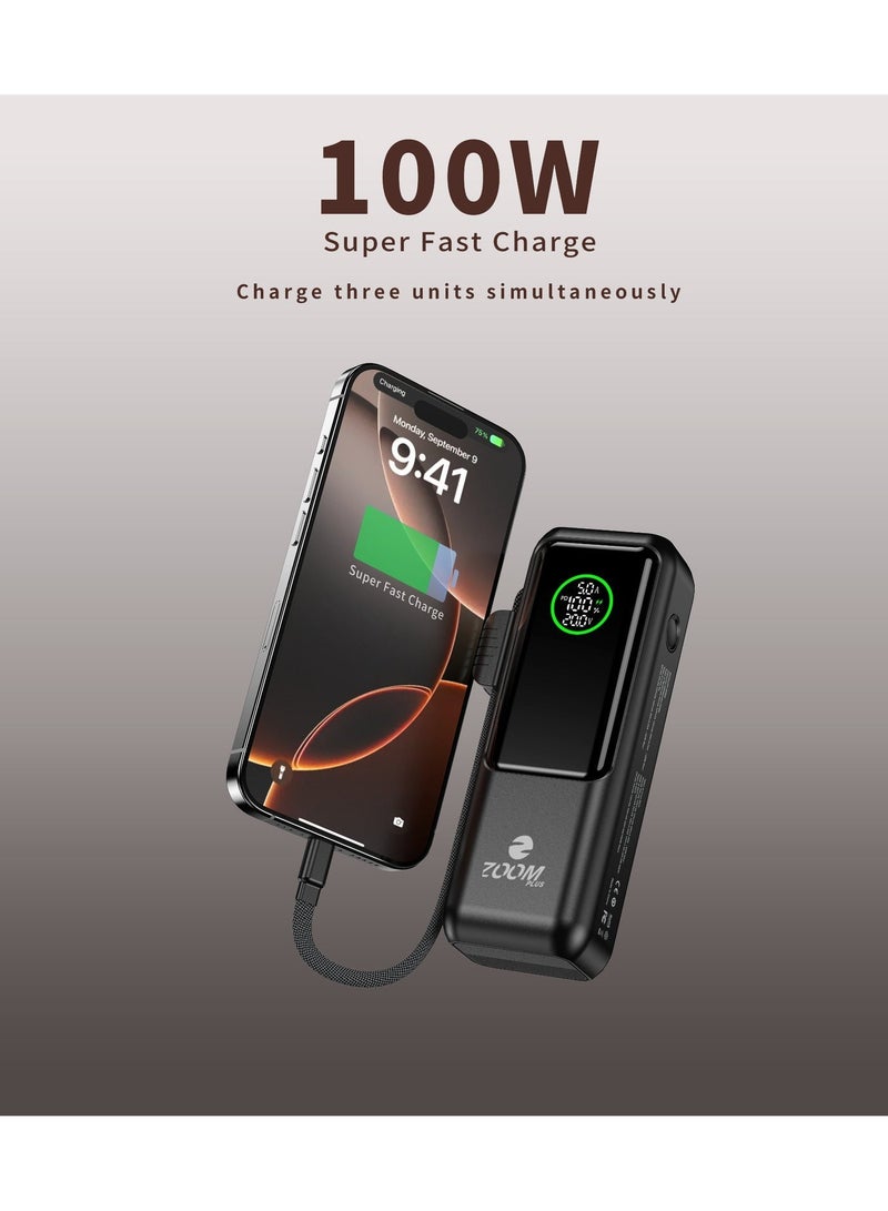 Zoom Plus RAPIDO ZP-W200 Power Bank 20000mAh | 100W Super Fast Charging | Digital Display | PD/QC Fast Charge | Built-in Type-C Cable | High-Speed Laptop & Phone Charger - Image 2
