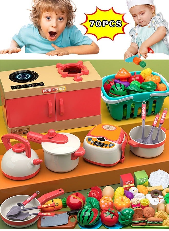 70PCS Pretend Interactive Play Kitchen Toy Accessories with Working Doors Including Cookware Steam Pressure Pot ,Cut Play Food Toys Vegetables Set, Learning Gift Cooking Toy Set for Girls Boys Kids - Image 1