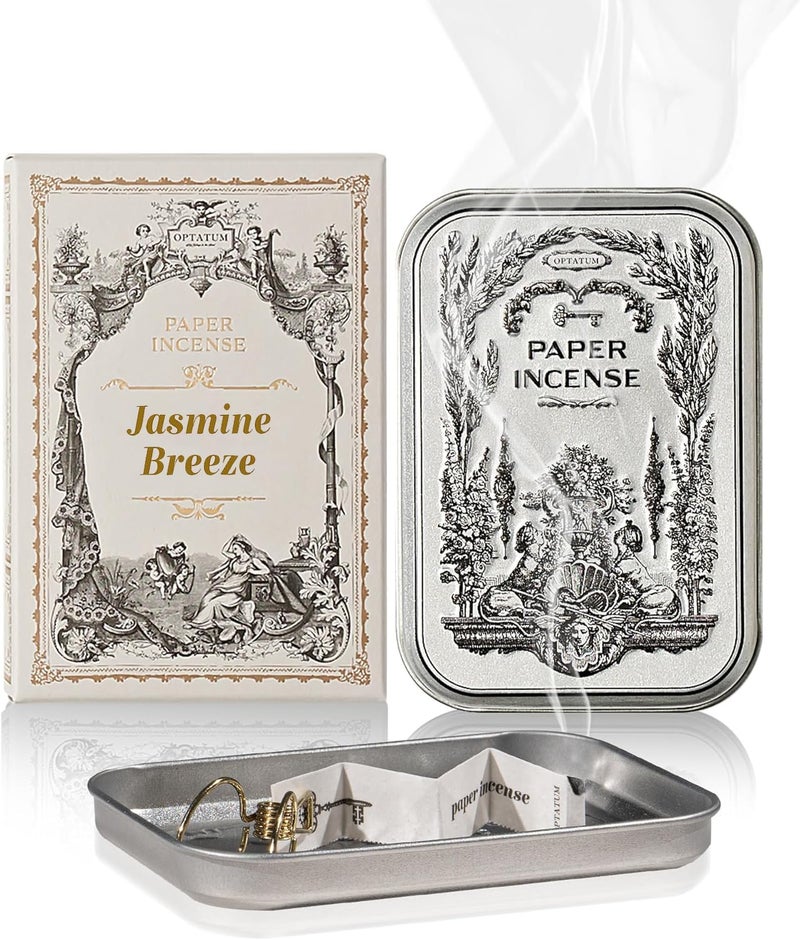 OPTATUM Paper Incense - 48pcs with Vintage Tin Case, Burning Papers Infused with Natural Essential Oils, Quick Usage & Long-Lasting Fragrance, Eliminating Bathroom, Kitchen, Pet Odors - Jasmine Breeze - Image 1