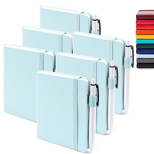 feela 6 Pack Pocket Small Notebooks Bulk, Mini Cute Memo Notepads Hardcover College Ruled Lined Journals with Pen Holder for Women Girls Office School, with 6 Black Pens, 3.5”x 5.5”, A6, Sky Blue - Image 1