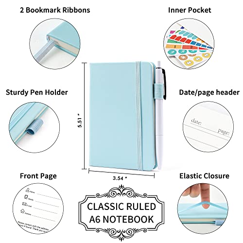 feela 6 Pack Pocket Small Notebooks Bulk, Mini Cute Memo Notepads Hardcover College Ruled Lined Journals with Pen Holder for Women Girls Office School, with 6 Black Pens, 3.5”x 5.5”, A6, Sky Blue - Image 2