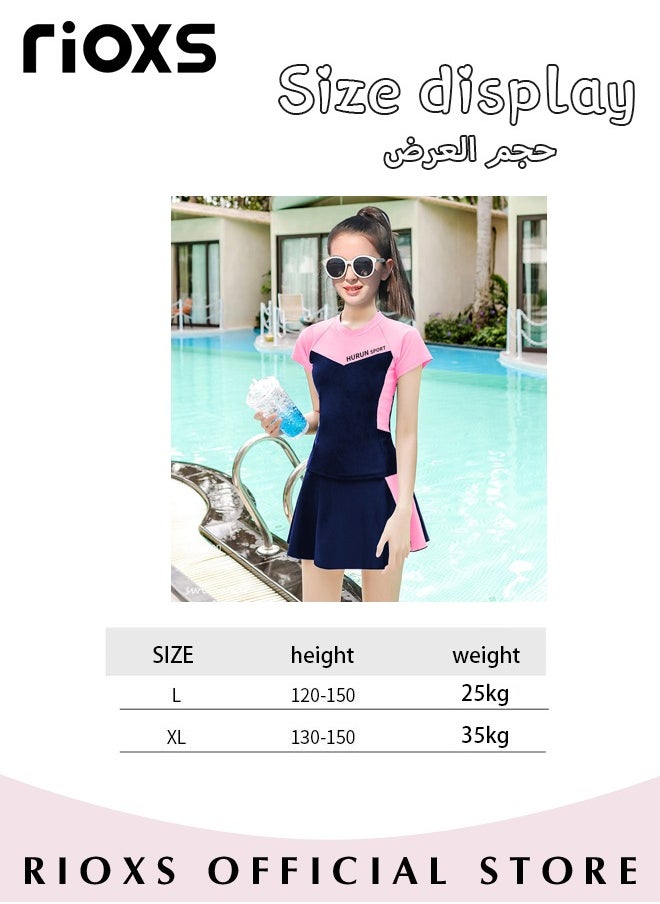RIOXS Girls Two-Piece Swimsuit Rash Guard Short Sleeve Swimsuit Kids Swimwear Water Sports Sun Protection Bathing Suits With Skirts  - Image 4