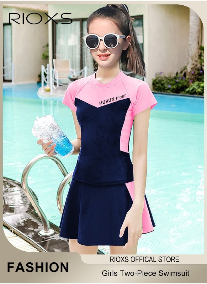 RIOXS Girls Two-Piece Swimsuit Rash Guard Short Sleeve Swimsuit Kids Swimwear Water Sports Sun Protection Bathing Suits With Skirts  - Image 1
