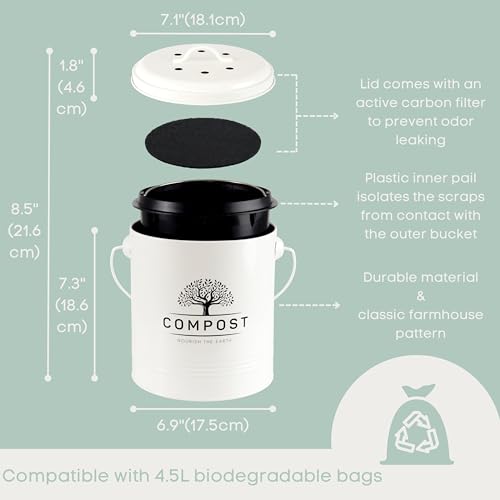 Perfnique Kitchen Compost Bin, 1.3 Gallon Countertop Compost Bin with Lid, Indoor Compost Bucket Includes Inner Bucket Liner and Carbon Filter, Small Compost Bin (Without Bags, Cream) - Image 5