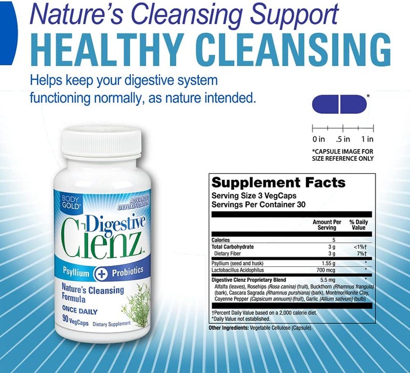 Body Gold Digestive Clenz  Healthy Detoxification Elimination  Nutrient Absorption Support  30 Servings 90 VegCaps - Image 2