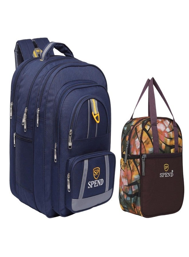 حقيبة ظهر مدرسية مع حقيبة غداء من SPEND | حقيبة مدرسية متعددة الأغراض وواسعة للطلاب | تصميم متين متعدد الجيوب، خفيف الوزن، بسعة تخزين عالية للاستخدام اليومي (بني، أزرق داكن) - Image 1