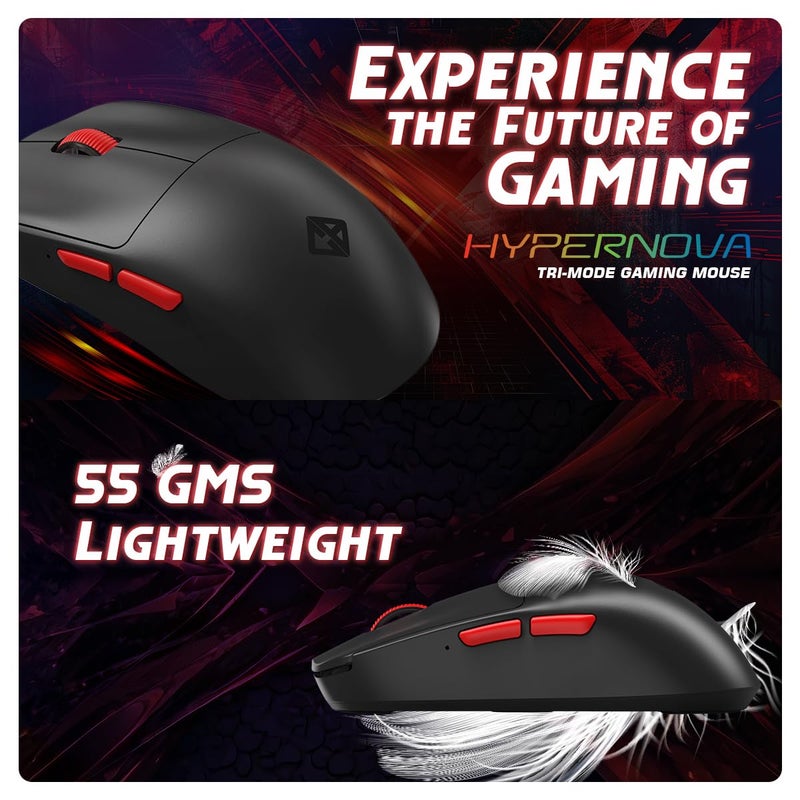 Cosmic Byte Hypernova Tri-Mode Gaming Mouse, Wireless/Bluetooth/Wired, Pixart 3395 Sensor, Dual Replaceable Battery, 8000Hz Polling, 55Gms, 100MN Switches, Paracord Cable, PTFE feet, Software (Black) - Image 2