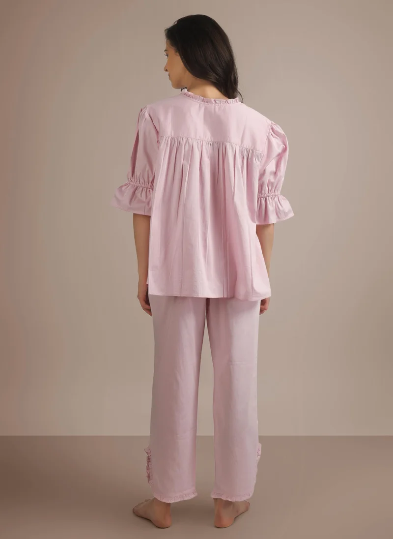 افتر دارك Trudy, Loose Fit Embroidered Cotton Shirt & Pyjama Set