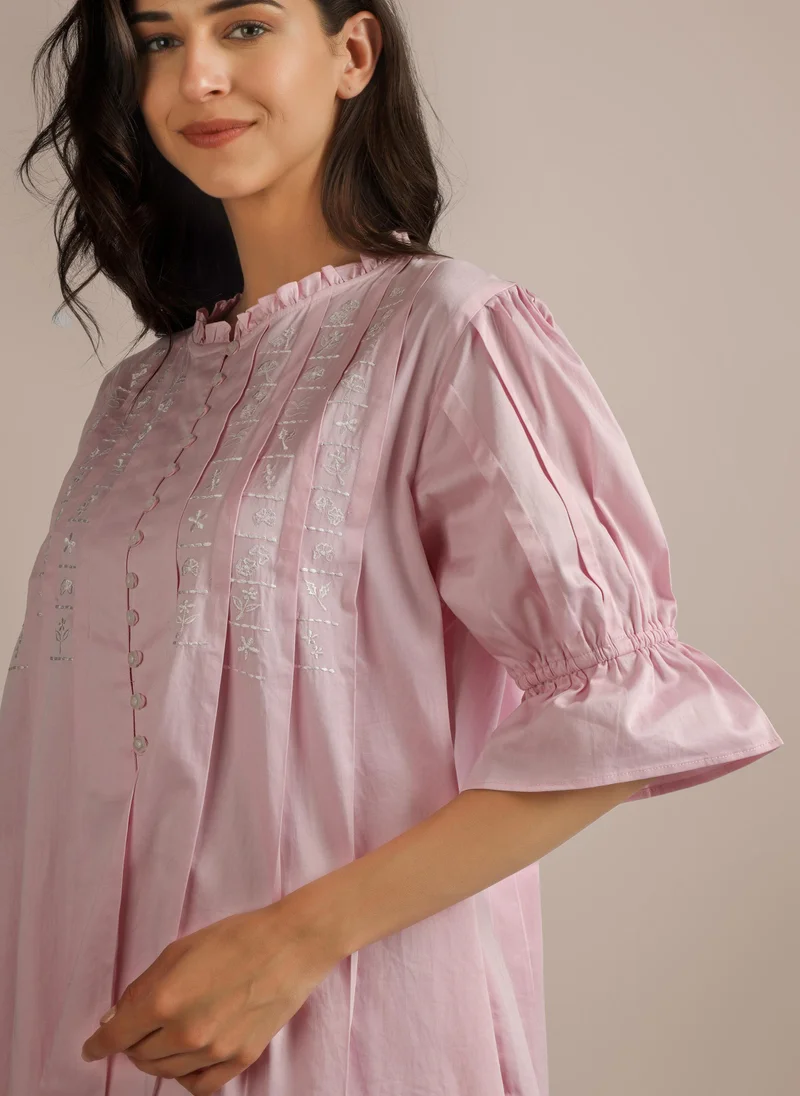 افتر دارك Trudy, Loose Fit Embroidered Cotton Shirt & Pyjama Set