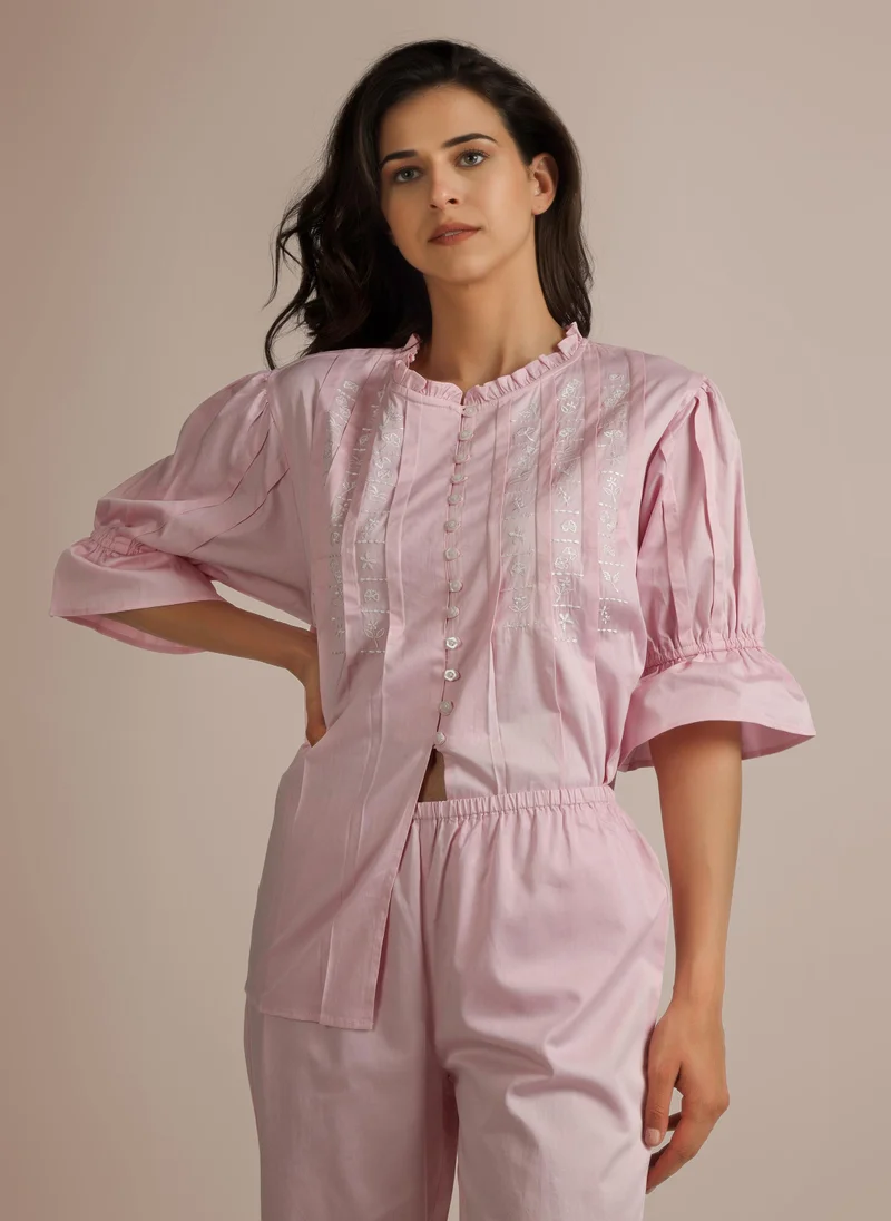 افتر دارك Trudy, Loose Fit Embroidered Cotton Shirt & Pyjama Set