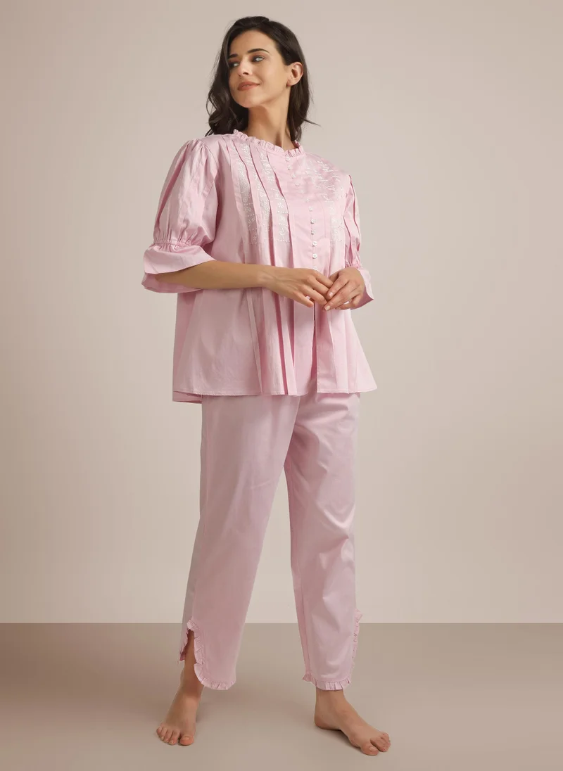 افتر دارك Trudy, Loose Fit Embroidered Cotton Shirt & Pyjama Set