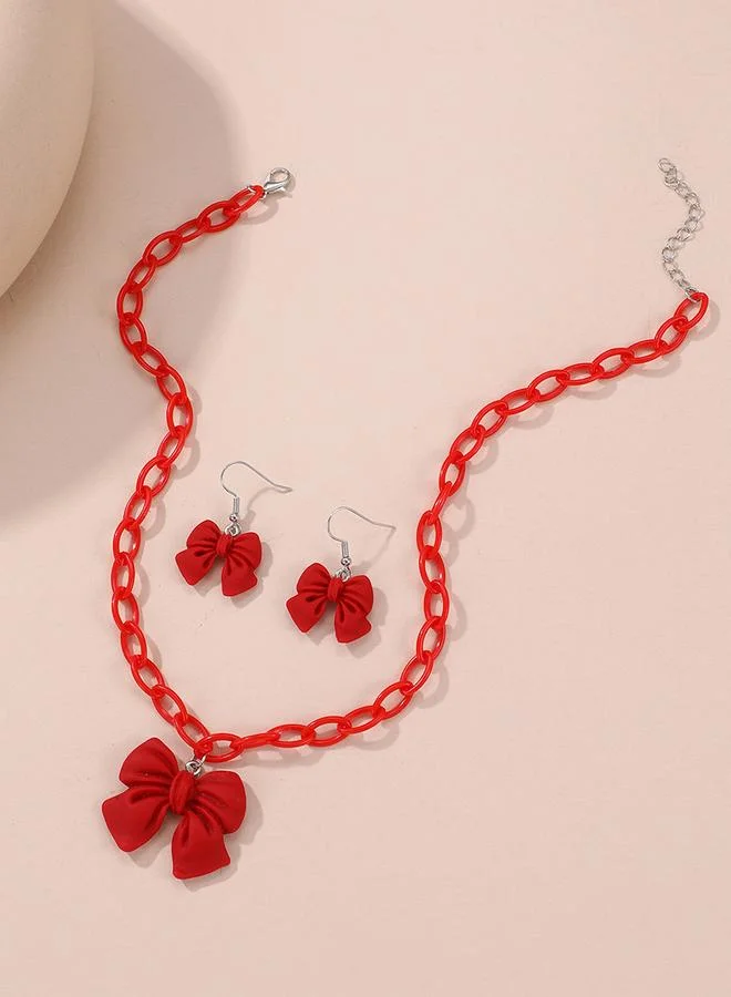 Take Two Take Two 2pcs Girl's Bow Pendant Chain Necklace with earrings set