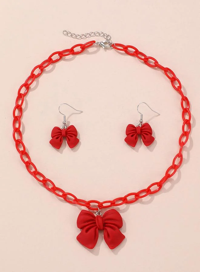 Take Two Take Two 2pcs Girl's Bow Pendant Chain Necklace with earrings set