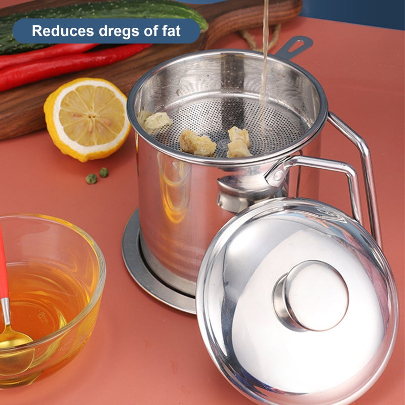 1.3L Stainless Steel Oil Pot - Fine Mesh Strainer Fat Separator - Polished Non-Corrosive Heat-Resistant Design - Comfortable Flat Handle Leak-Proof Spout for Home Kitchen Cooking - Image 4